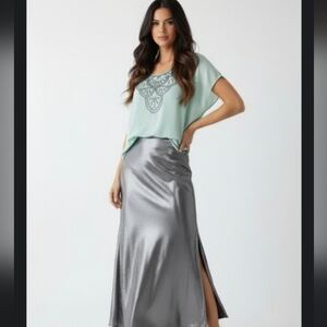 Decreed Sheer Bohemian Mint Beaded Sequined Low Scoop Back Flowy Feminine Top L